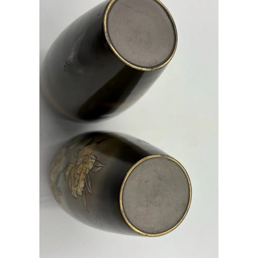Pair Antique Japanese Brass Vases Signed‎ Ryubun 龍文 Gilt Floral Design 8